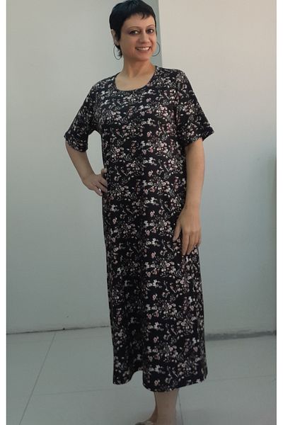 Mertcan Butik Μαύρο φόρεμα με κοντό μανίκι από χτενισμένο βισκόζη με λουλούδια