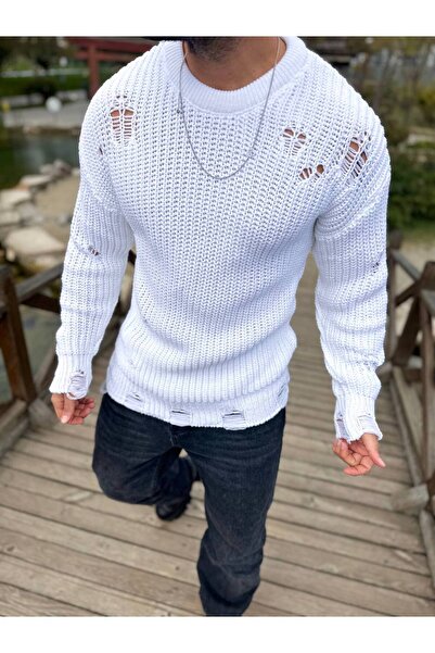 elkumoda Tüylenmez Naturel Pamuk Rahat Kesim Salaş Kazak Oversize Yırtık Deta...