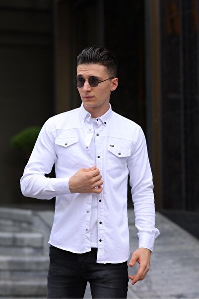 WKM Ανδρικό πουκάμισο με διπλή τσέπη Snap Fastener Gabardine White