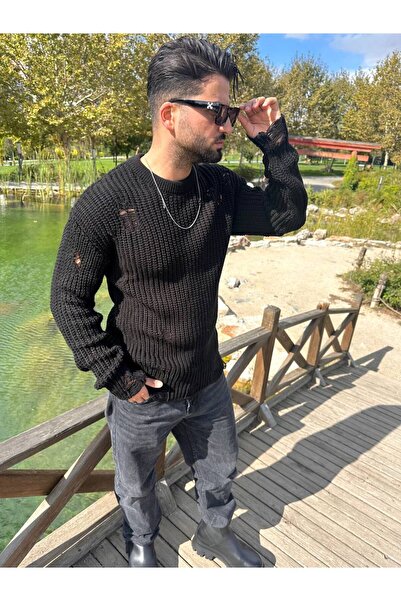 elkumoda Tüylenmez Naturel Pamuk Rahat Kesim Salaş Kazak Oversize Yırtık Deta...