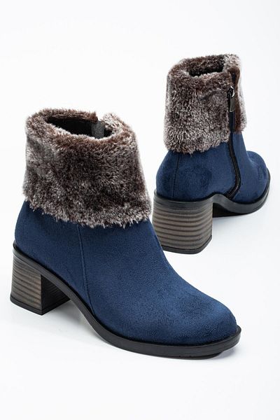 Dilimler Ayakkabı Γυναικείες μπότες με τακούνι Navy Blue Suede Fur με φερμουάρ οβάλ μύτη