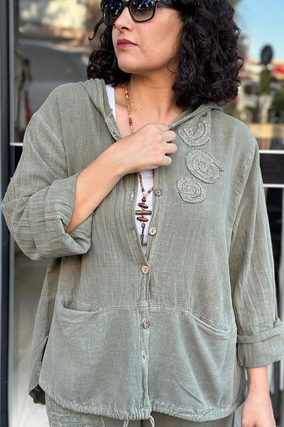AYASOFYA OTANTIK Women's Khaki Dream Catcher Embroidery Detailed Button Closure Hooded Bag Pocket Cotton Linen Cardigan Blouse