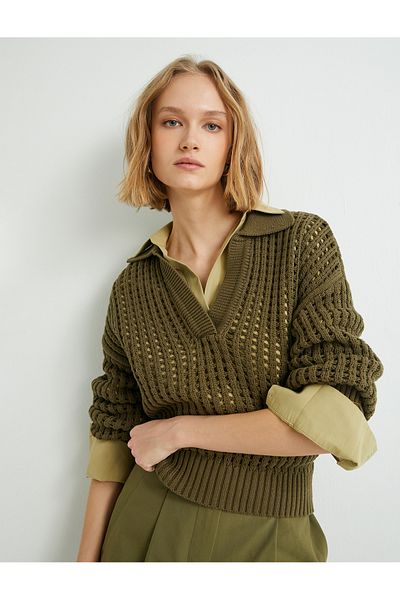 Koton Openwork Knitwear Sweater Polo Collar Long Sleeve