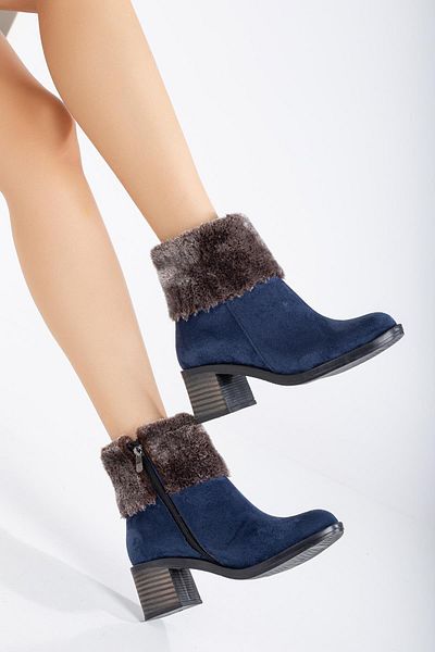 Dilimler Ayakkabı Γυναικείες μπότες με τακούνι Navy Blue Suede Fur με φερμουάρ οβάλ μύτη