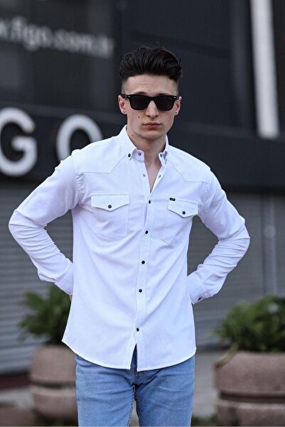 WKM Ανδρικό πουκάμισο με διπλή τσέπη Snap Fastener Gabardine Off White