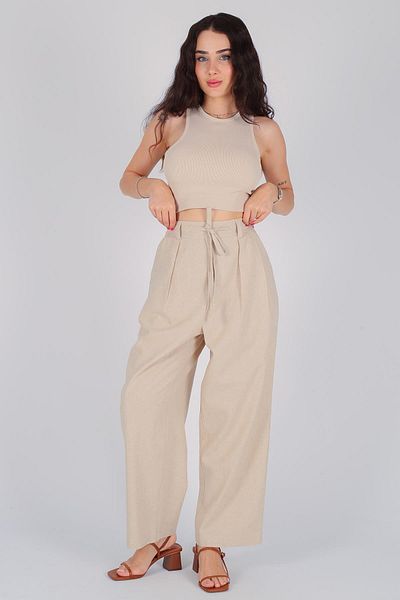 FACETTE Pantaloni de damă din in bej - Design cu șireturi