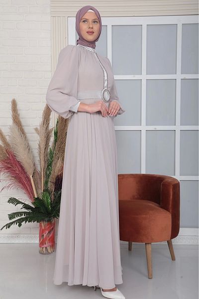 lodmela Belt Detailed Bead Embroidered Hijab Evening Dress 844-Beige