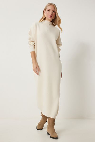Lovelyİstanbul Turtleneck Long Knitwear Dress Bone Ldd0093