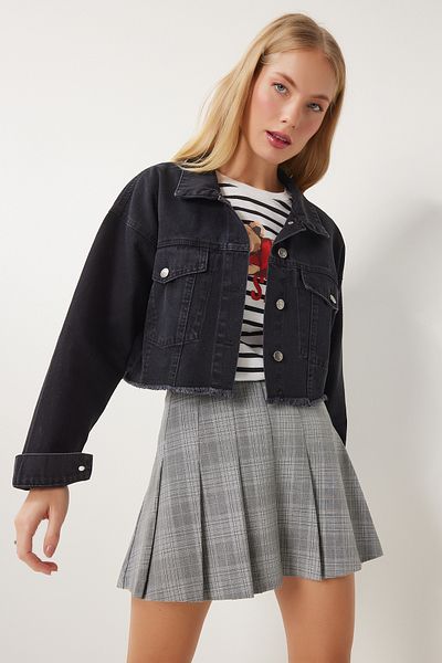 Lovelyİstanbul Jachetă neagră din denim - Detaliu cu ciucuri, LAN0014