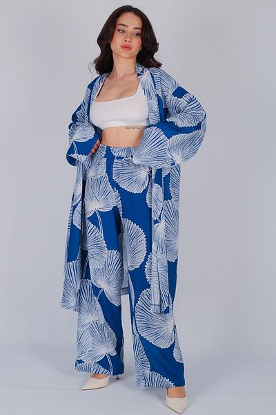 FACETTE Set pantaloni kimono cu model albastru pentru femei