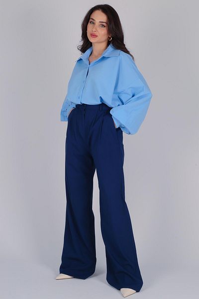 FACETTE Pantaloni Palazzo cu talie înaltă elastică albastru bleumarin pentru femei