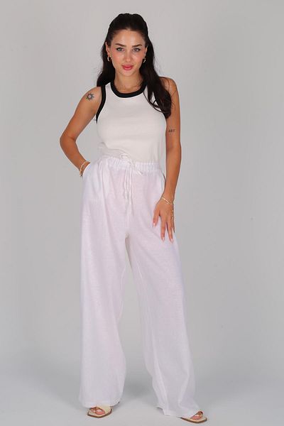FACETTE Pantaloni albi de in - femei, talie elastica