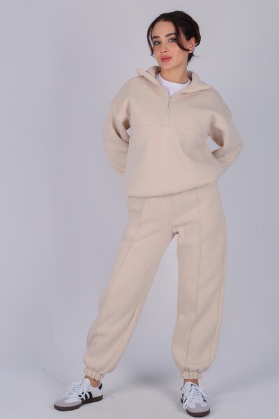 FACETTE Women's Beige Zippered Three Thread Tracksuit Set