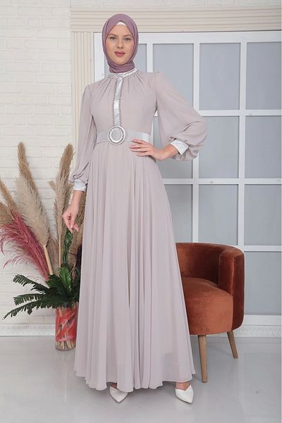 lodmela Belt Detailed Bead Embroidered Hijab Evening Dress 844-Beige