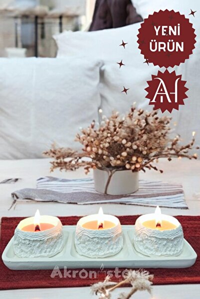 Triple Candle Set with Rocky Detail on Decorative Tray