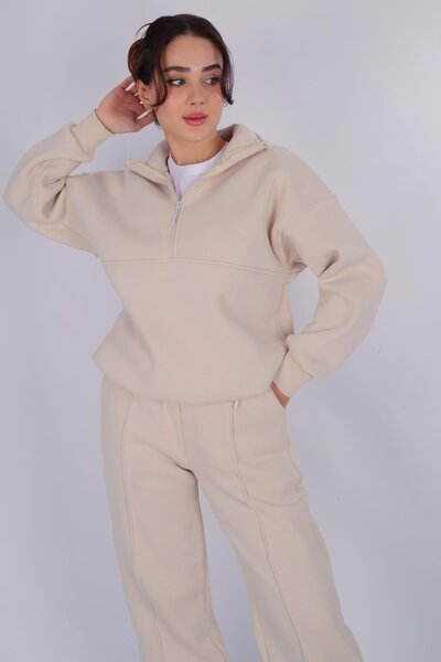 FACETTE Women's Beige Zippered Three Thread Tracksuit Set