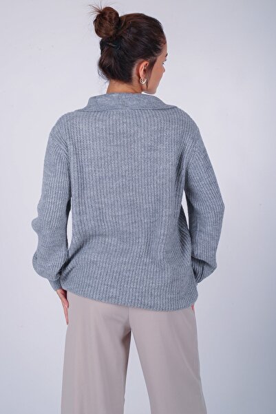 FACETTE Women's 2022999774 Gray Polo Collar Soft Sweater