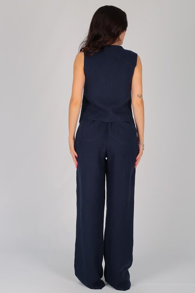 FACETTE Navy Blue Linen Women's Vest and Trousers Set