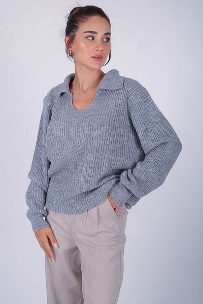 FACETTE Femeie 2022999774   Pulover moale cu gât polo gri