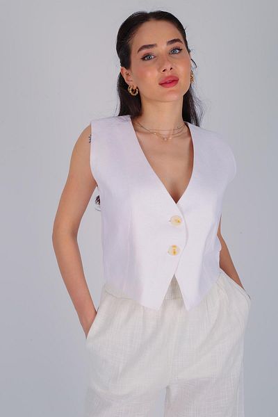 FACETTE سترة كتان بيضاء بأزرار نسائية