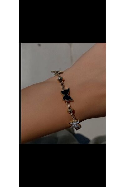 Aylish Bijuteri GOLD SİYAH KELEBEKLİ TAŞLI ÇELİK BİLEKLİK