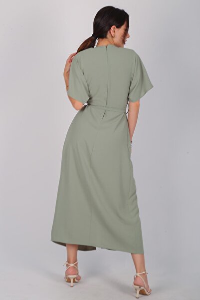 FACETTE Women's Green Slit Belted Long Dress