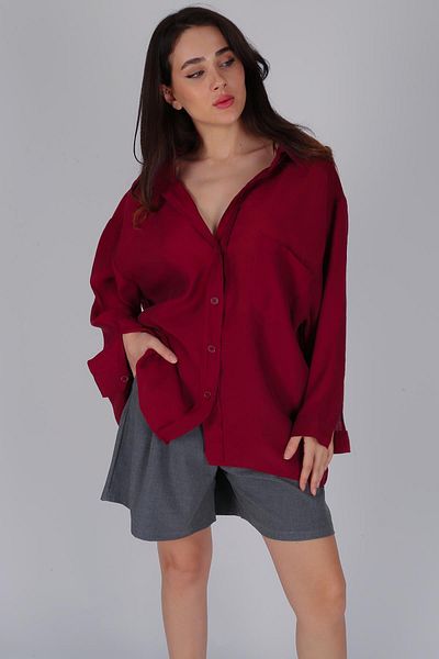 FACETTE Γυναικείο Μπορντό πουκάμισο με Off-Shoulder Oversize