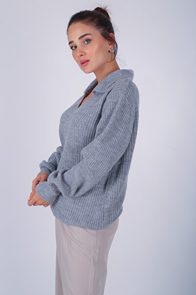 FACETTE Women's 2022999774 Gray Polo Collar Soft Sweater