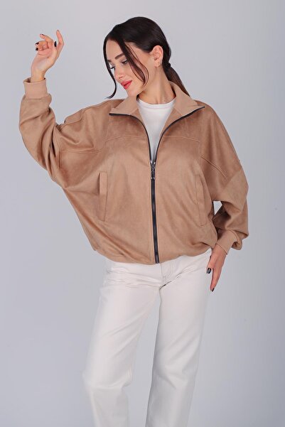 FACETTE Women's Camel Suede Zippered Jacket