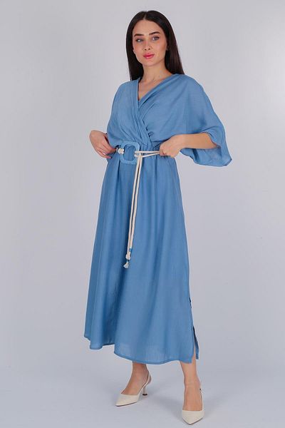 FACETTE Rochie de damă albastră cu decolteu dublu și curea