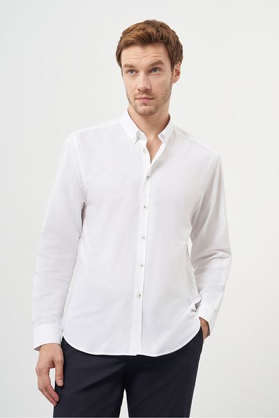 Morven Men's White Cotton Trend Buttoned Collar Dynamic Fit Shirt