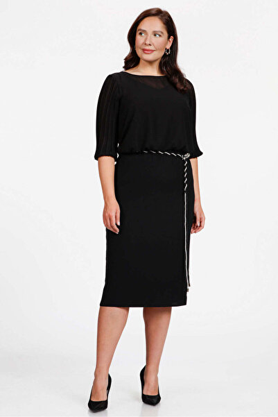 Gemko Kolları Piliseli Kemerli Elbise - Siyah