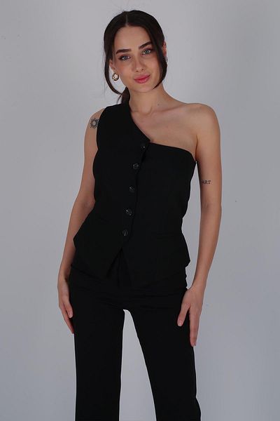 FACETTE سترة نسائية سوداء بكتف واحد وأزرار