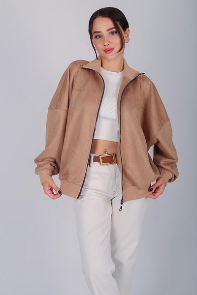 FACETTE Women's Camel Suede Zippered Jacket