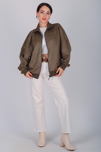 FACETTE Women's Khaki Suede Zippered Jacket