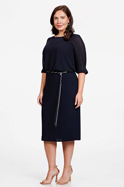 Gemko Kolları Piliseli Kemerli Elbise - Lacivert