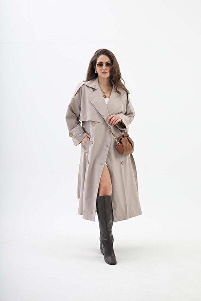 VAPUR TEKSTİL Trench Coat with Belted Allerli Epaulettes - Stone