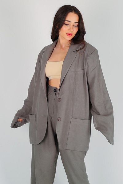 FACETTE Χακί λινό παλτό Oversize - Γυναικείο, με κουμπιά