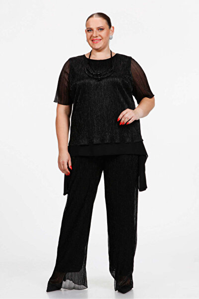 Gemko Simli Piliseli Bluz Pantolon Takım - Siyah