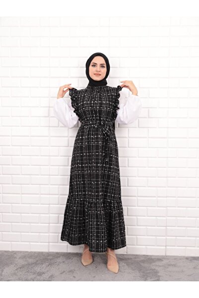 Modiste جيليه حجاب مكشكش بحزام - قماش تويد، غير مُبطن