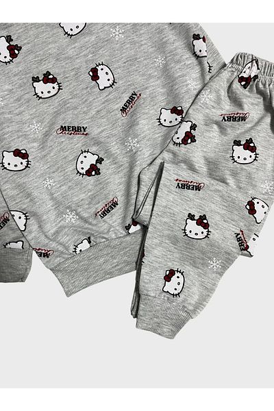 Fil Kids Girl's Cotton Gray Cat Patterned Long Sleeve Seasonal Pajamas Set