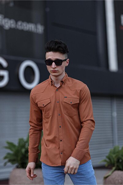 WKM Ανδρικό πουκάμισο με διπλή τσέπη και κουμπωτό ανοιχτό καφέ