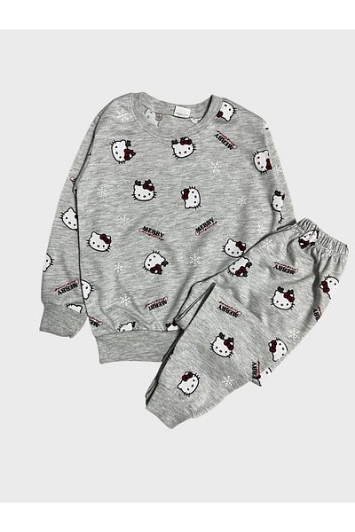 Fil Kids Girl's Cotton Gray Cat Patterned Long Sleeve Seasonal Pajamas Set