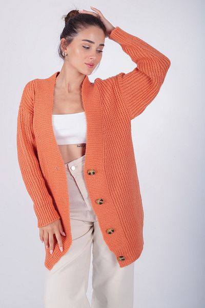 FACETTE Femeie 2022554933   Cardigan lung de tricotaj cu nasturi portocalii