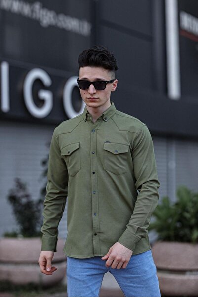 WKM Ανδρικό πουκάμισο με διπλή τσέπη με κουμπωτό χακί