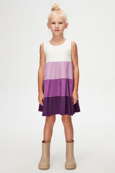 LOVETTI Ecru-purple Girl's Layered Colored Gathered Strap Dress