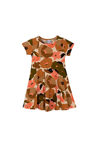 LOVETTI salmon Retro Flowers Print Short Sleeve Dress for Girl