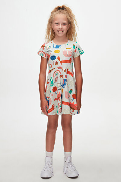 LOVETTI Roaring Animals Kız Çocuk Desenli Kısa Kollu Elbise