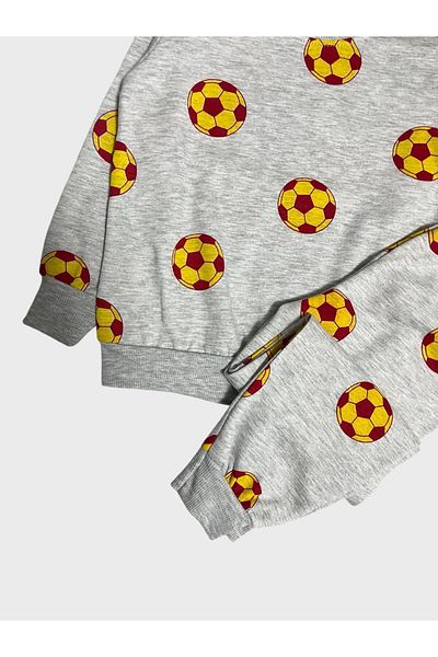 Fil Kids Boy's Gray Cotton Raised Yellow Red Football Ball Patterned Long Sleeve Pajamas Set