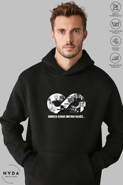 Nyda Collections Φούτερ με στάμπα Ataturk Unisex Oversize - Μακρυμάνικο, Κουκούλα, Βαμβακερό